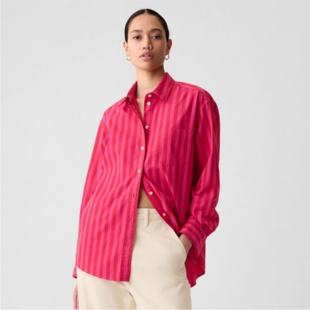 NEW! Pink & Red Candy Stripe Organic Cotton Poplin Big Shirt - Small 📌